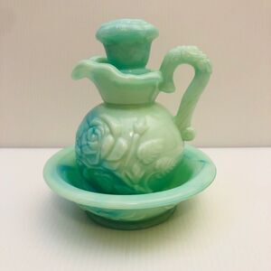 Vintage Avon Victorian Rose Jade Glass Pitcher and Bowl